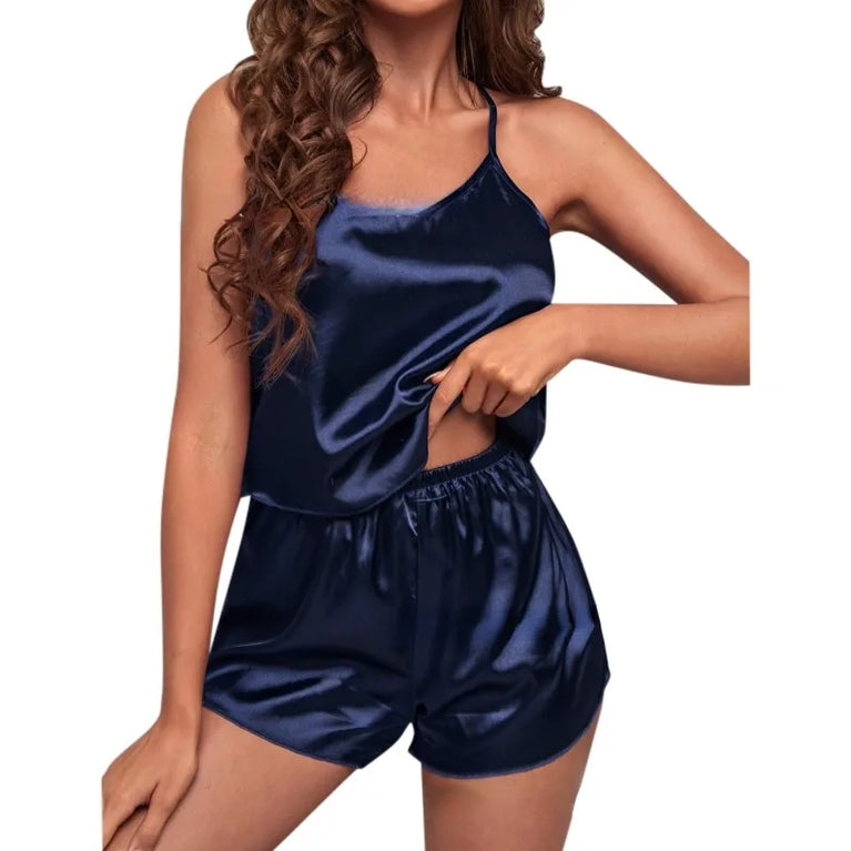 Women’s Silk Satin Pajama Set – Sexy Lace Sleeveless Top & Matching Shorts 2-Piece Nightwear Suit
