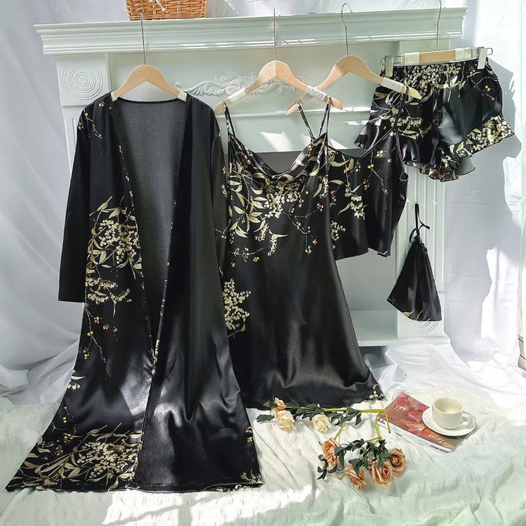 5-Piece Floral Satin Pajama Set | Luxury Silk-Feel Sleepwear
