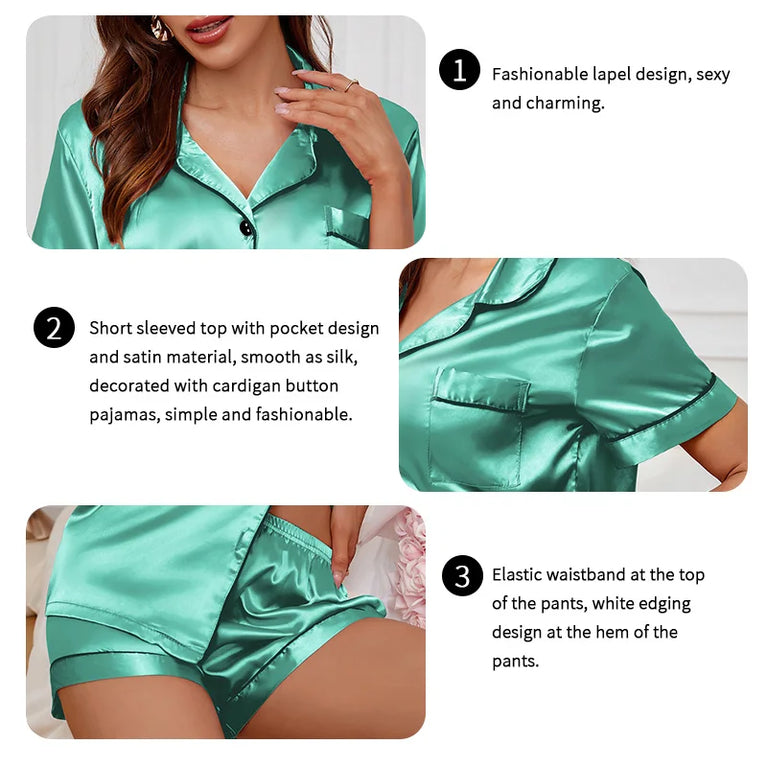 Luxury Satin Pajama Set | Short Sleeve Lapel Home Suit
