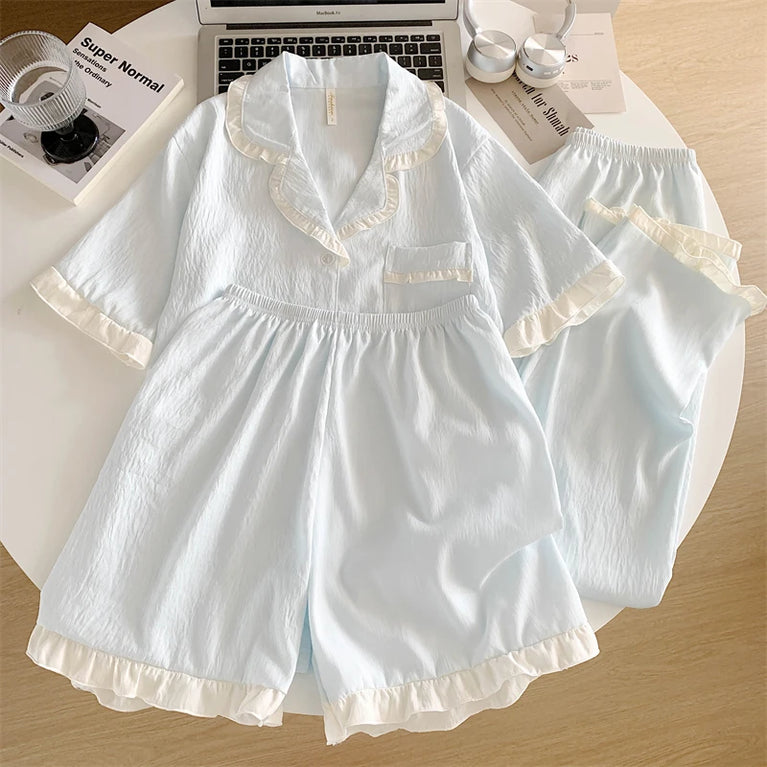 Women’s 3pc Cloud Cotton Loungewear Set | Blue Summer PJs