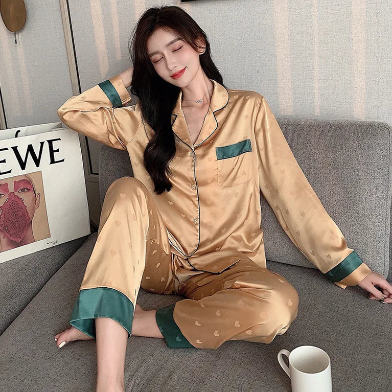Women’s Ice Silk Animal Print Pajama Set | Autumn 2-Piece