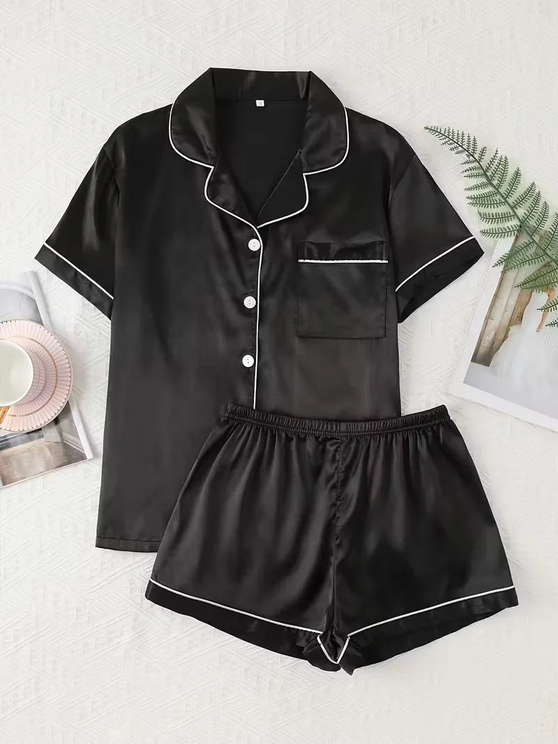Luxury Satin Pajama Set | Button-Down Short Sleeve & Shorts