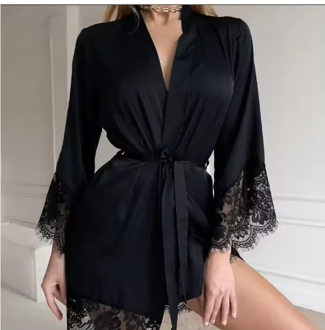 French V-Neck Satin Robe | Silky Lace-Trim Nightgown