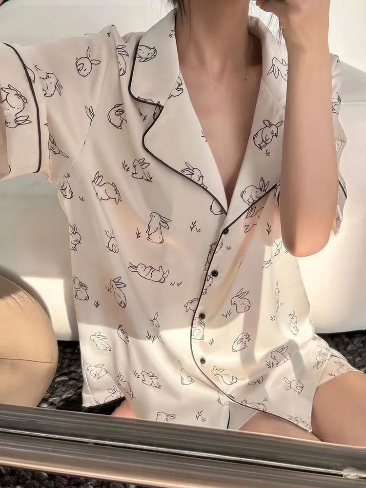Women’s Geometric Satin Pajamas | V-Neck Ink Painting Set