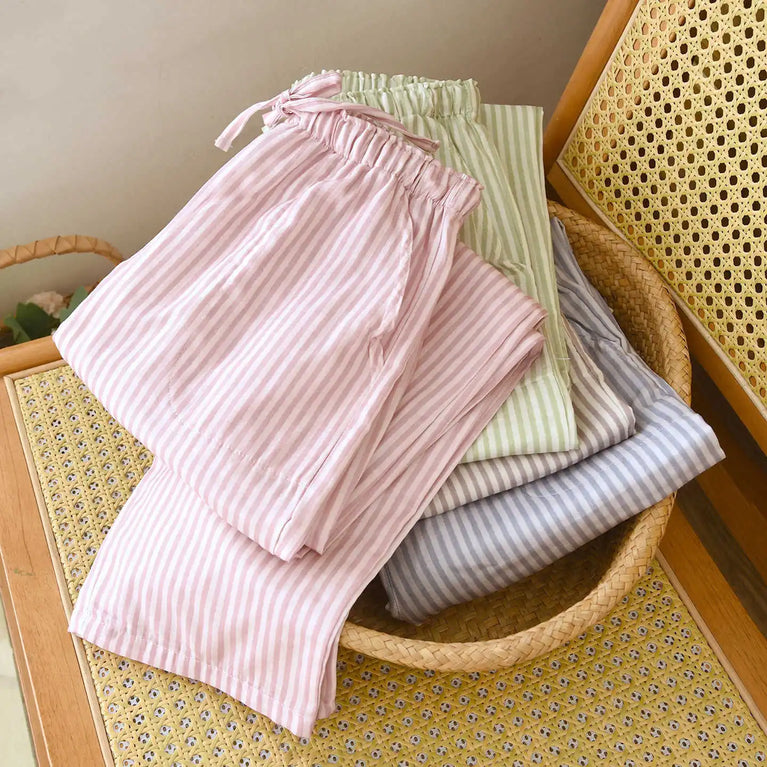Cotton Gauze Pants | Striped Home Trousers