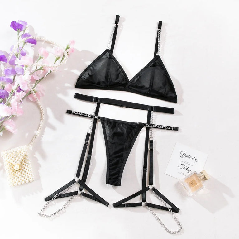 ULTRA THIN MESH BRA AND THONG LINGERIE SET SEE THROUGH METAL CHAIN 4PCS SEXY UNDERWEAR