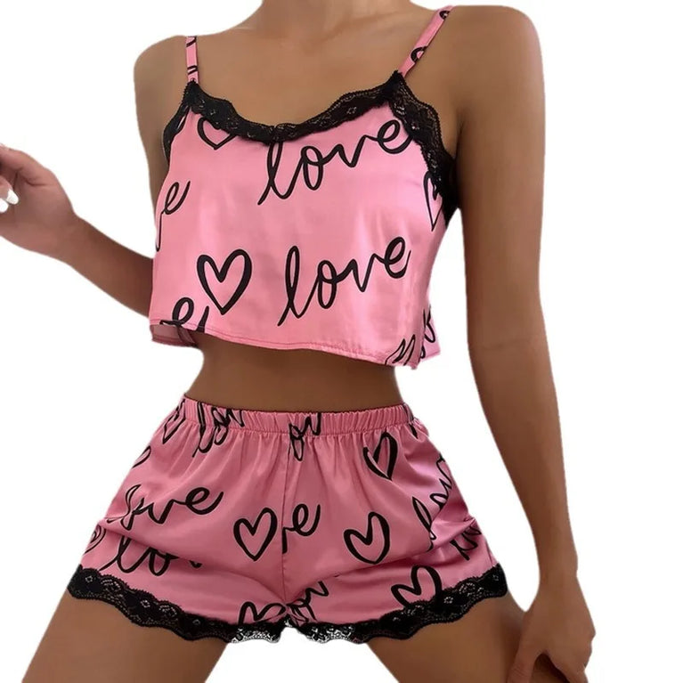 Women’s Silky Satin Pajama Set | Lace Cami & Shorts Nighty