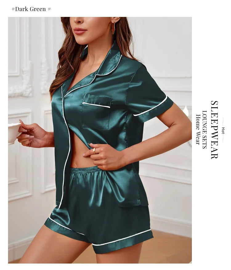 Luxury Satin Pajama Set | Short Sleeve Lapel Home Suit