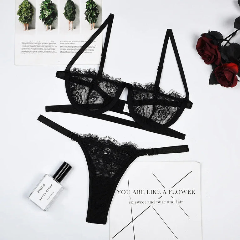 SEXY LACE TRANSPARENT WOMEN LINGERIE SET PUSH UP UNDERWIRE BRIEF SETS EROTIC BRA KIT