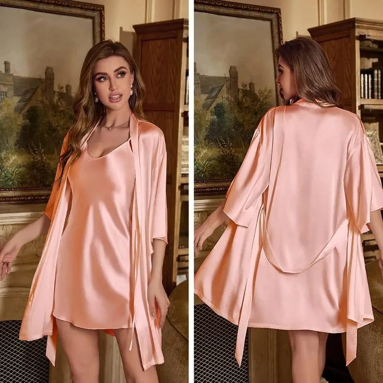 Lace Trim Satin Robe Set | V-Neck Nightgown & Sleep Suit