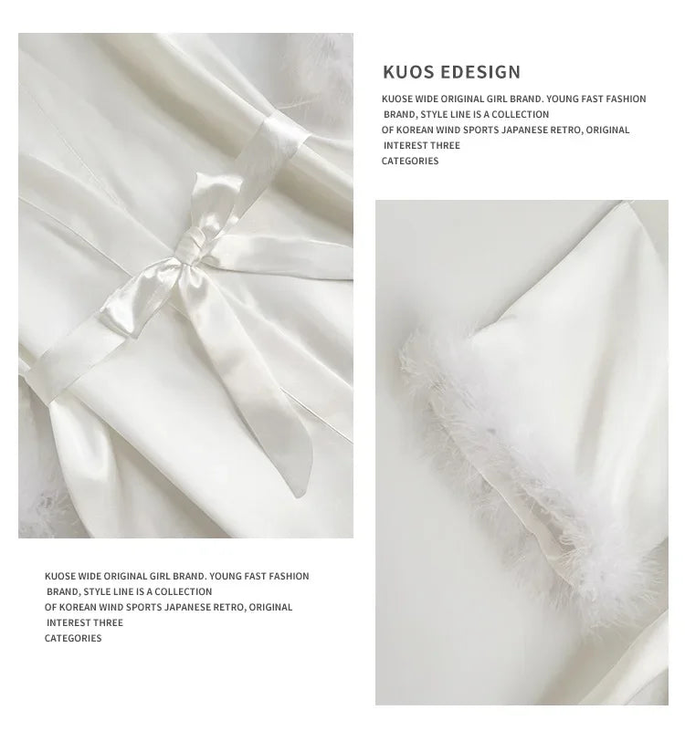 Bridal Satin Robe | Feather-Trim Wedding Kimono