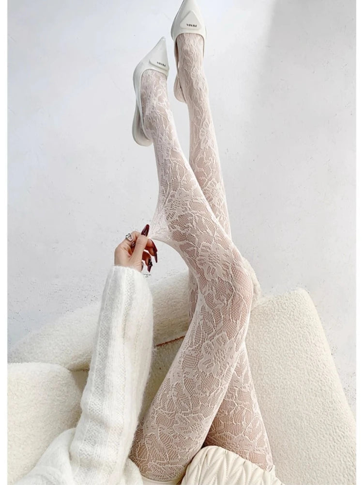 Floral Fishnet Tights | Sexy White Flower Mesh Pantyhose