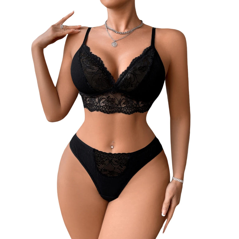 SEXY LACE RIBBED WOMEN UNDERWEAR SET 2PCS BRA AND PANTY WIRE FREE SEXY LINGERIE OUTFIT