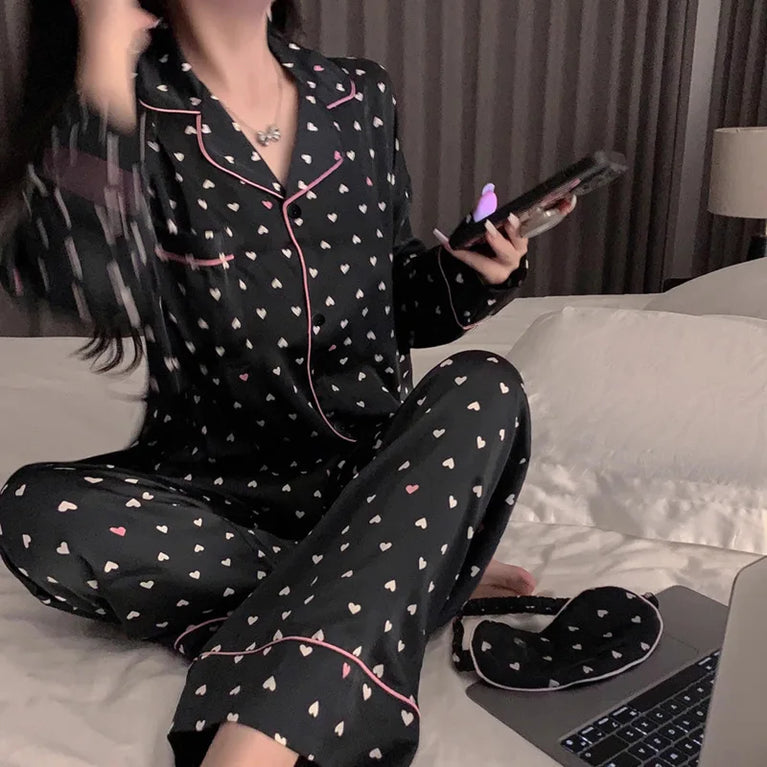 Women’s Ice Silk Pajama Set | Long Sleeve Love Print Nighty