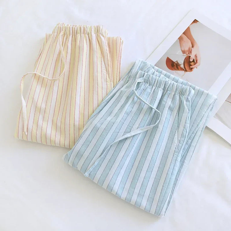 Cotton Gauze Pants | Striped Home Trousers