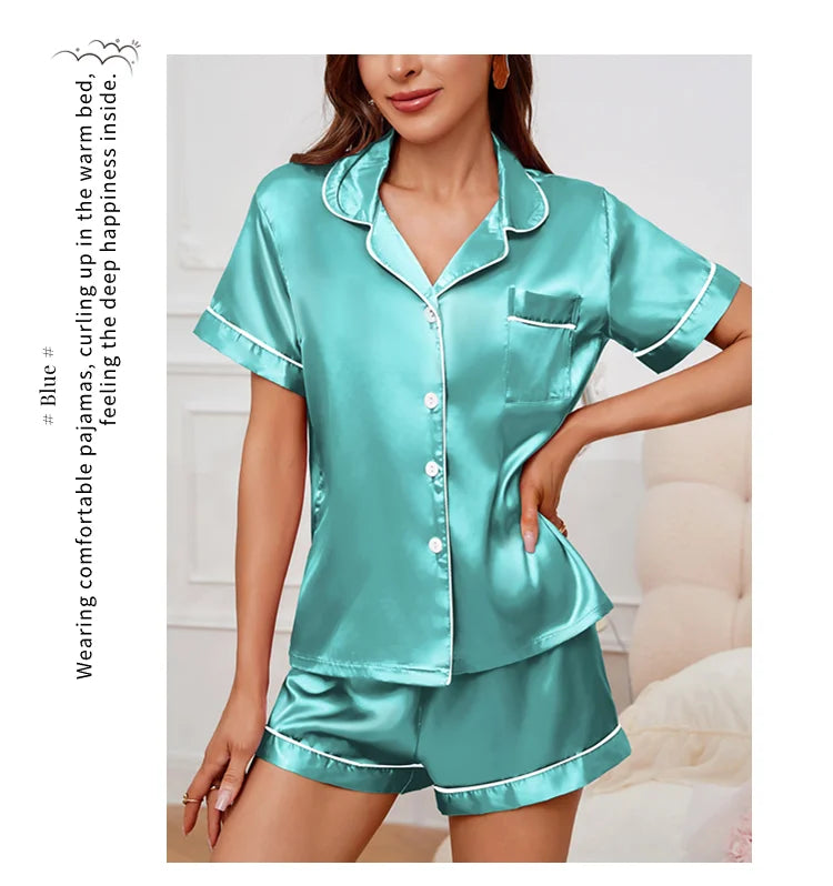 Luxury Satin Pajama Set | Short Sleeve Lapel Home Suit