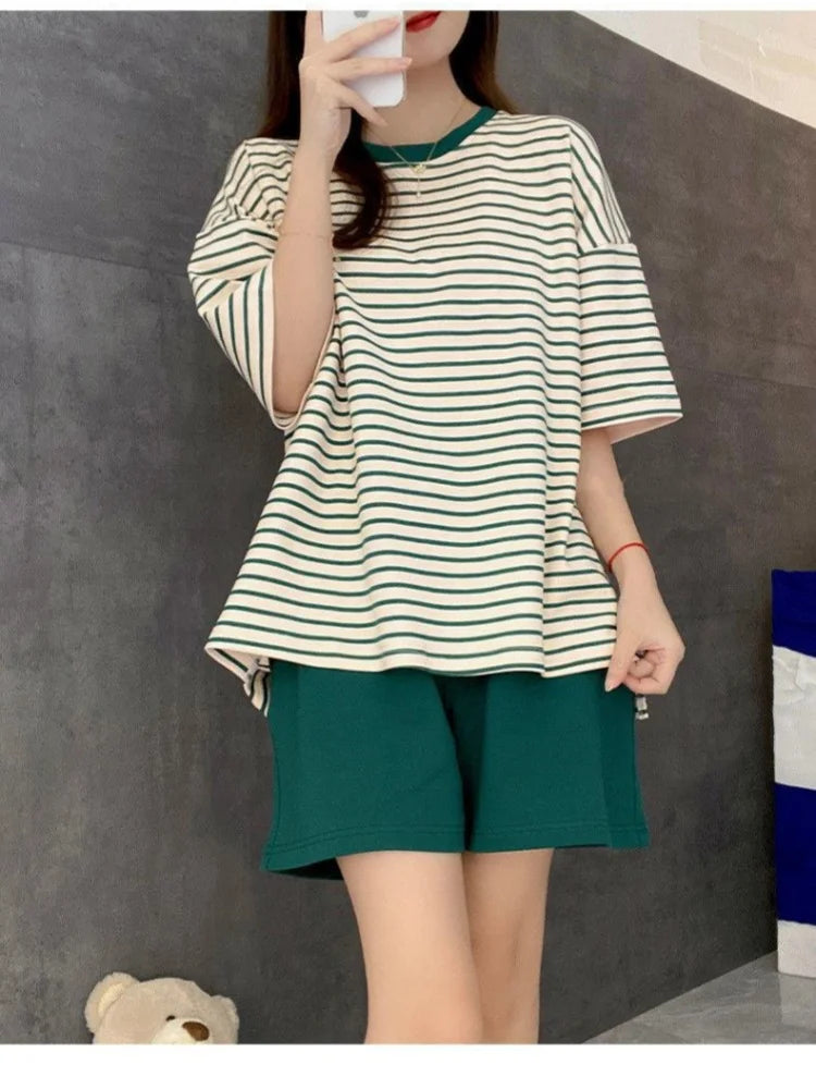 Women’s Striped Pajama Set | Built-in Chest Pads & Shorts
