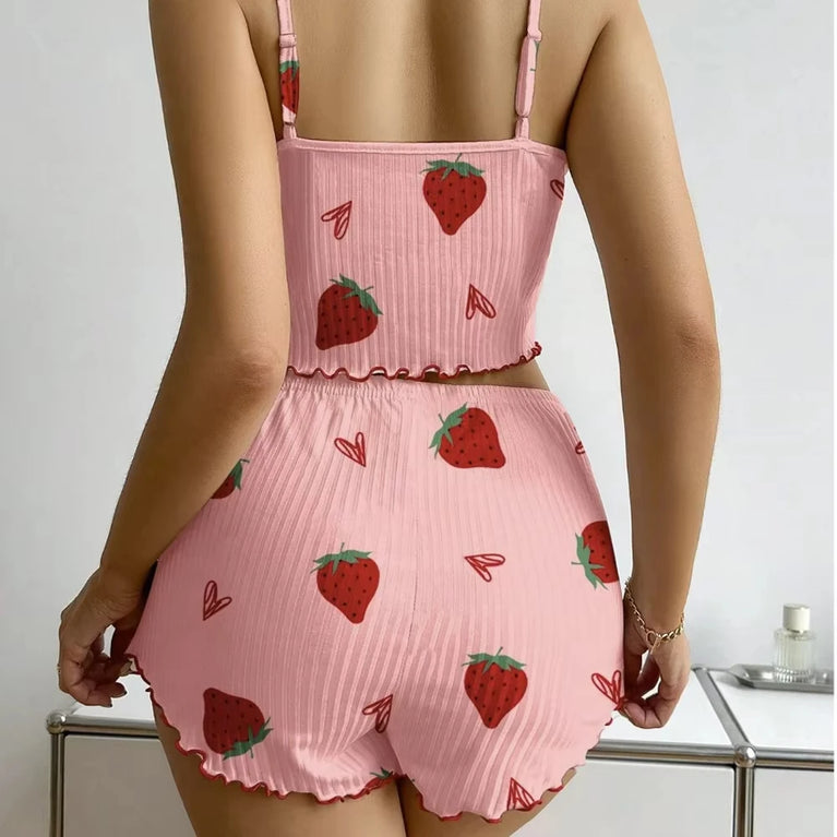 Strawberry Ribbed Knit Pajama Set | Ice Silk Summer Pajamas