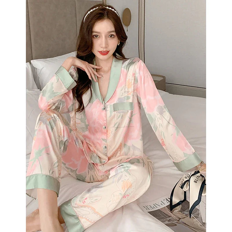 Women’s Floral Faux Silk Pajamas | 2-Piece Lapel Lounge Set