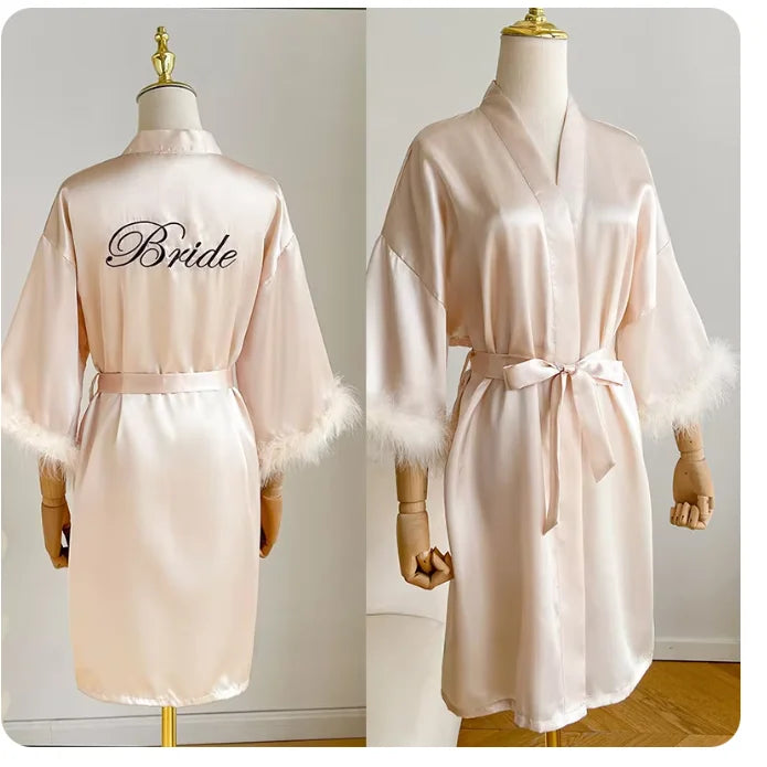 Bridal Satin Robe | Feather-Trim Wedding Kimono