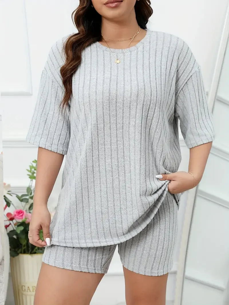 Women’s Plus Size Ribbed Pajama Set | Short Sleeve & Shorts