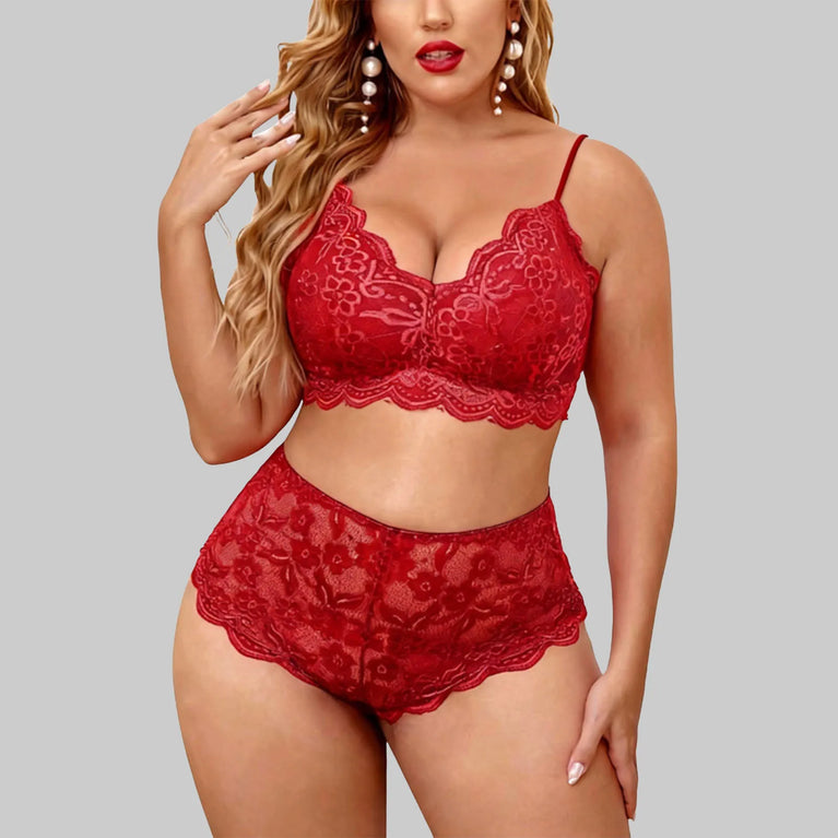 SEAMLESS LACE DEEP V NECK PUSH UP BRA SET HIGH WAIST THONG PLUS SIZE LINGERIE