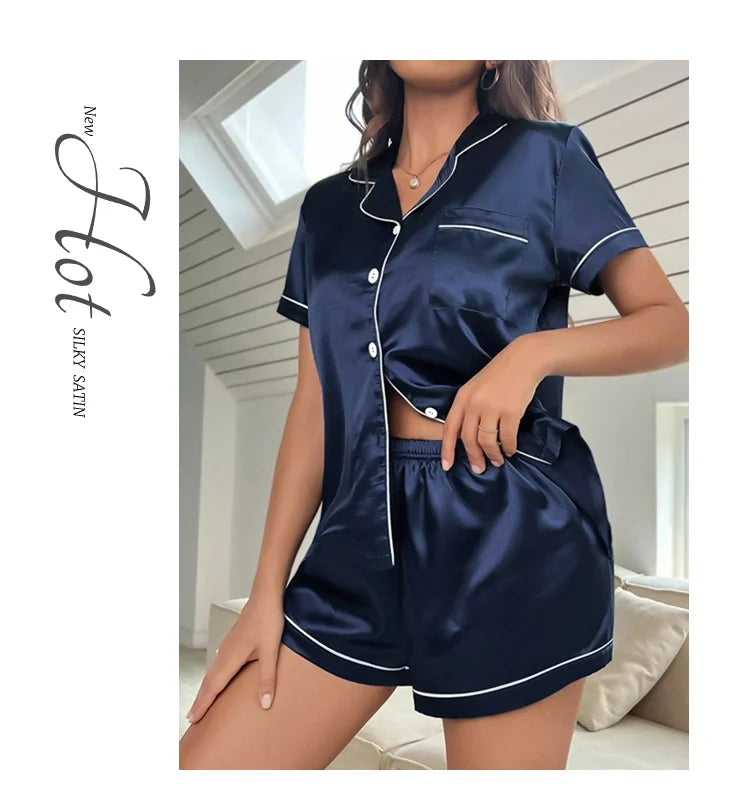 Luxury Satin Pajama Set | Short Sleeve Lapel Home Suit