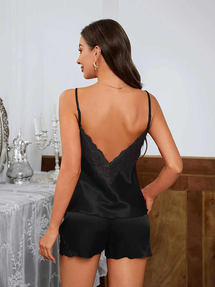 Women’s Luxury Satin Pajama Set | Sexy Deep V Lace Cami