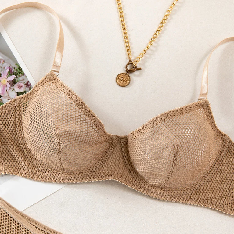 Hollow-Out Mesh Lingerie Set | Khaki See-Through 2-Piece Duo