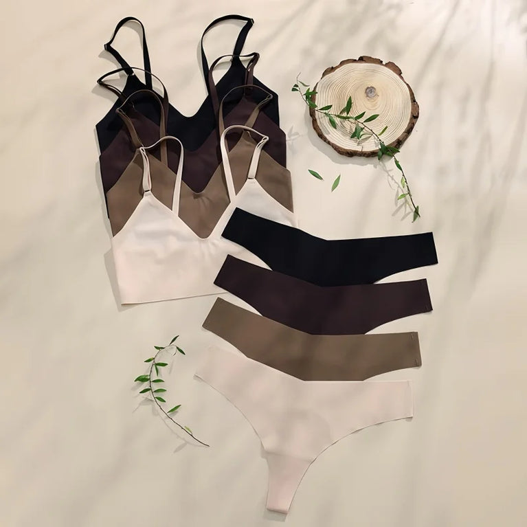SEAMLESS PUSH UP BRA SET WOMEN SEXY UNDERWEAR V-NECK THONG LINGERIE