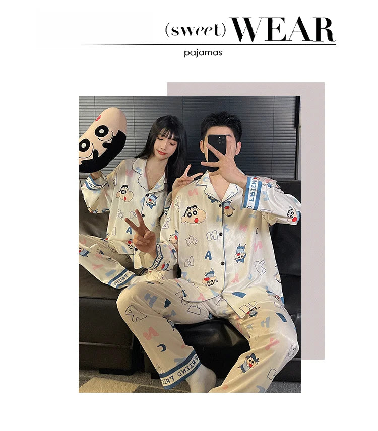 Couples Ice Silk Pajama Set | Cartoon Long-Sleeve Cardigan