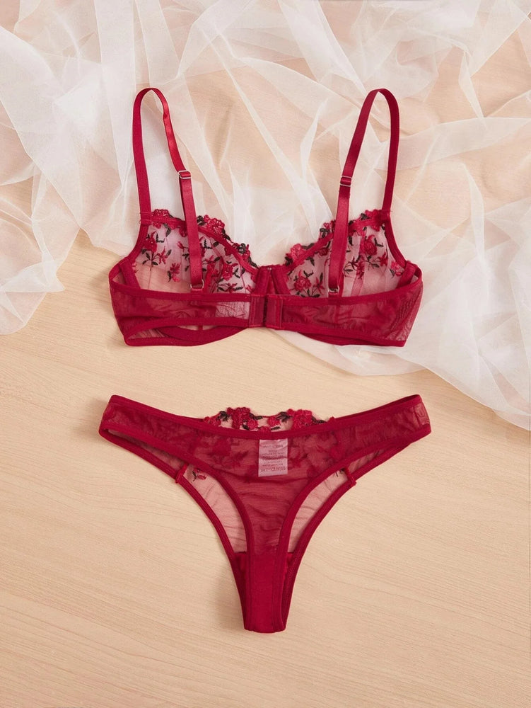 Floral Embroidery Wire-Free Bra & Brief Set – Unlined Sexy Lingerie