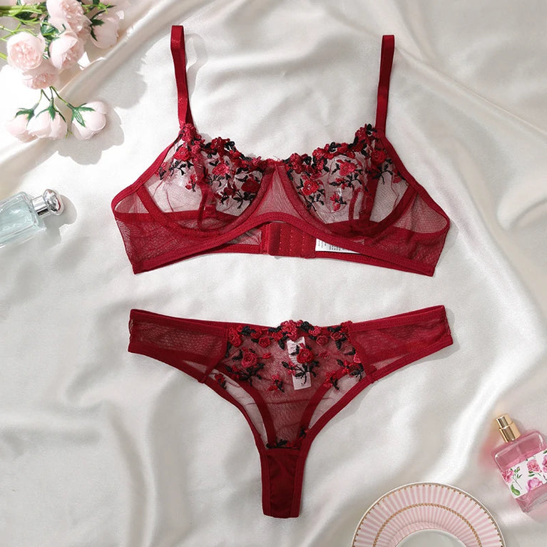 Floral Embroidery Wire-Free Bra & Brief Set – Unlined Sexy Lingerie