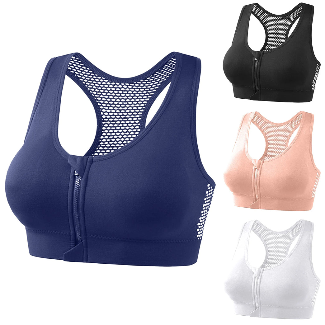 Front-Zipper Breathable Mesh Sports Bra – Wireless High-Ventilation Support