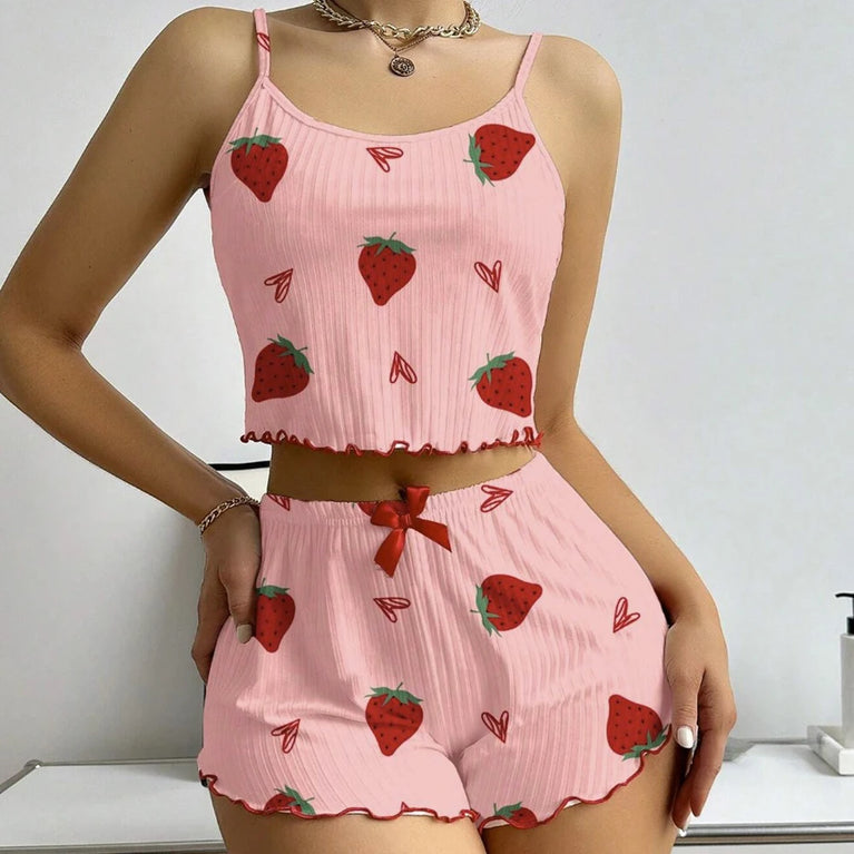 Strawberry Ribbed Knit Pajama Set | Ice Silk Summer Pajamas