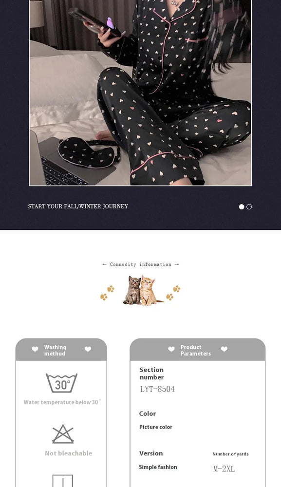 Women’s Ice Silk Pajama Set | Long Sleeve Love Print Nighty