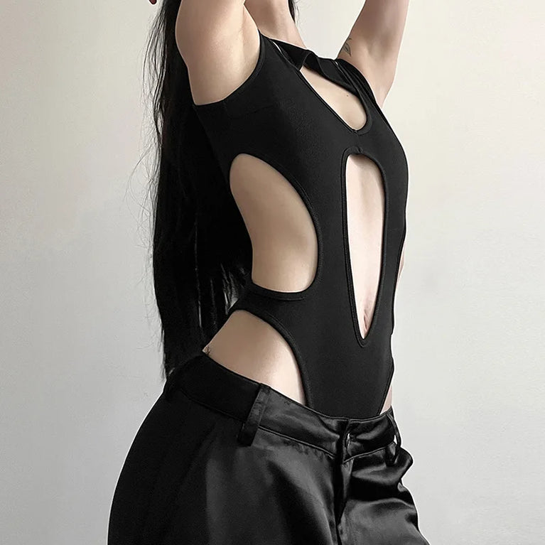 Hollow-Out Gothic Bodysuit | Sexy Woven Spring Top