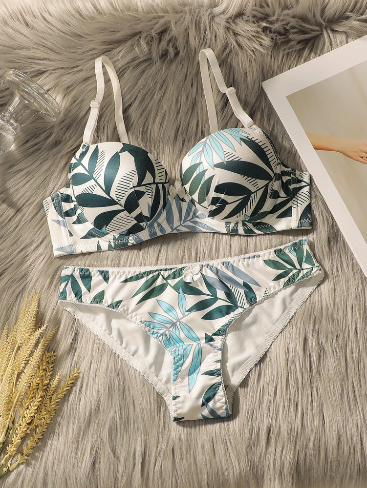 Summer Leaf Print Push-Up Bra Set | Gathering Steel Ring Duo