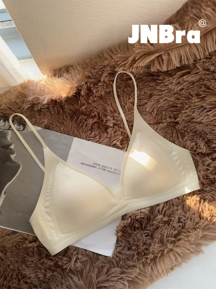 French Glossy Satin Seamless Bra | Deep-V Wireless Bralette