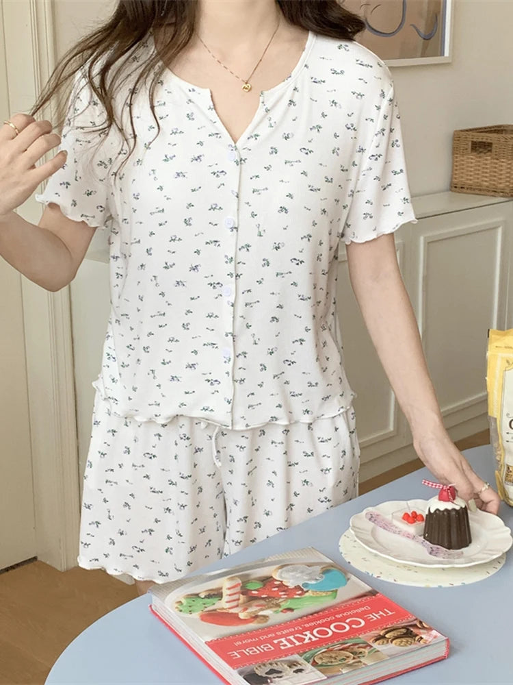 Women’s Floral Summer Pajama Set | Korean Style Home Clothes