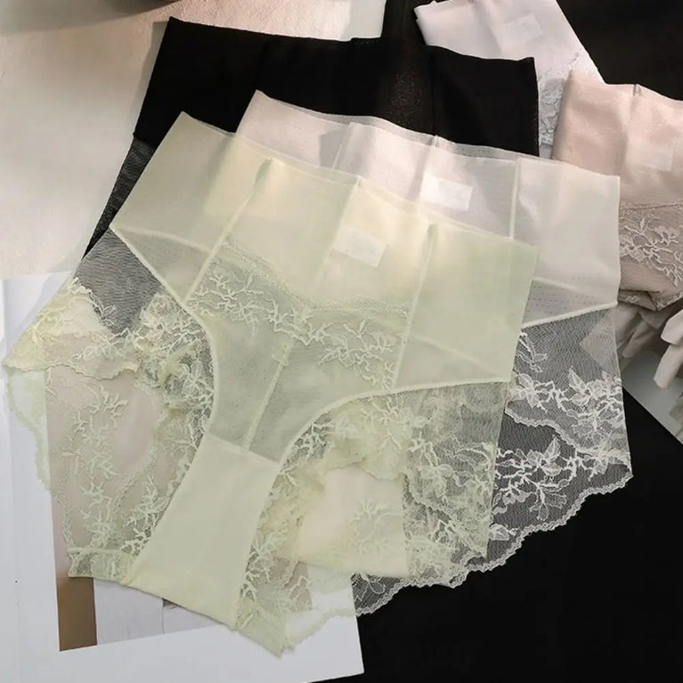 Fashion Sweet Lace Mesh Panties – High-Waist Ice Silk Smoothing Briefs