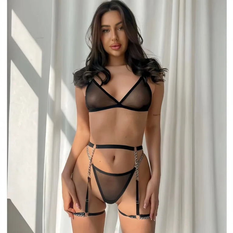 ULTRA THIN MESH BRA AND THONG LINGERIE SET SEE THROUGH METAL CHAIN 4PCS SEXY UNDERWEAR