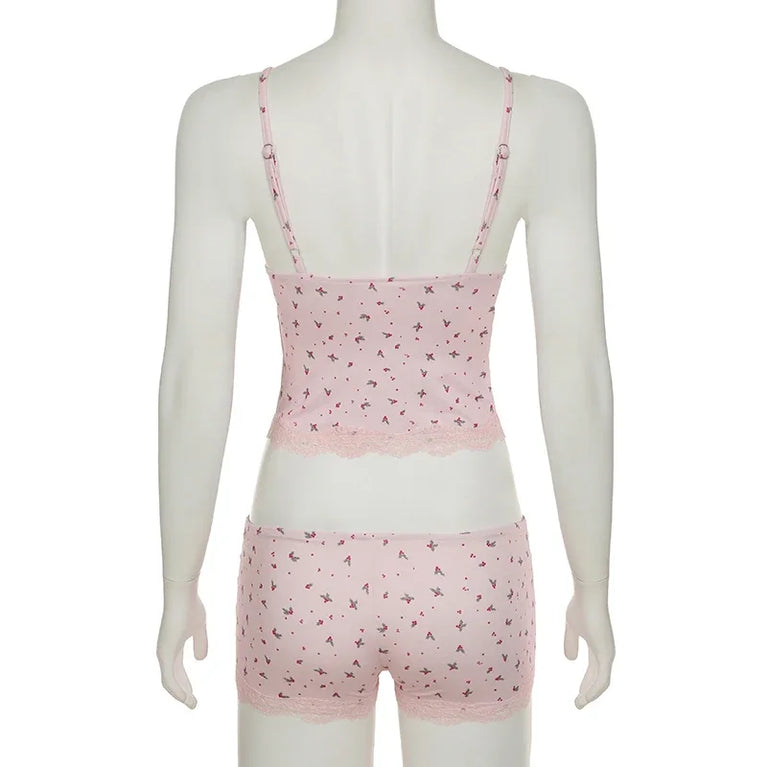 Women’s Floral Lace Pajama Set | Sleeveless Camisole & Shorts