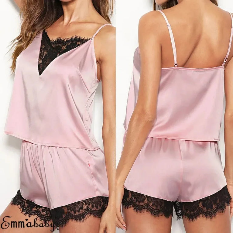 Ice Silk Pajama Set | V-Neck Cami & Lace Shorts