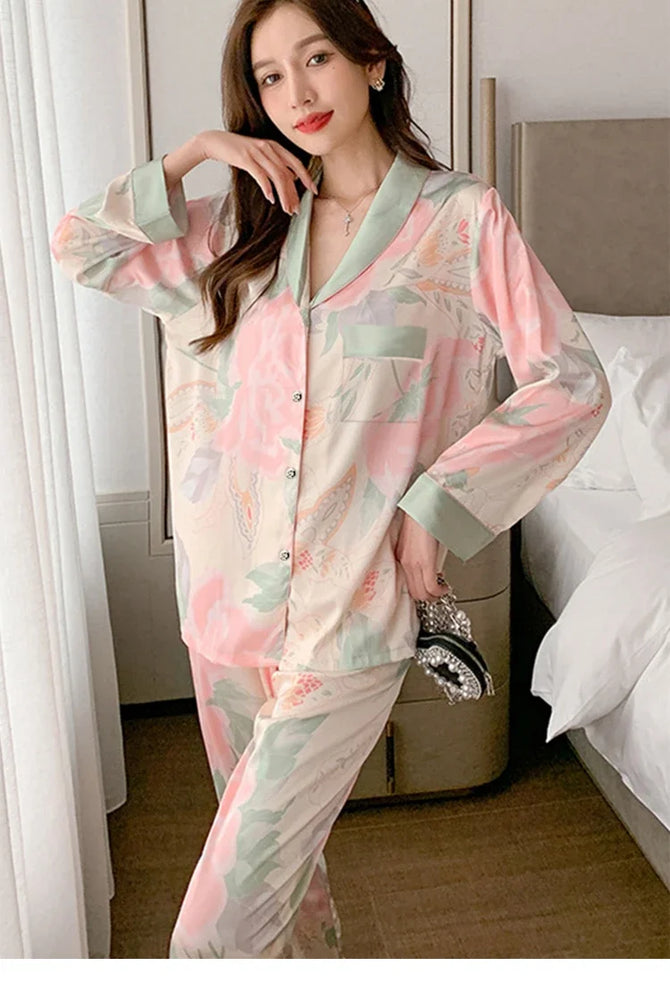 Women’s Floral Faux Silk Pajamas | 2-Piece Lapel Lounge Set