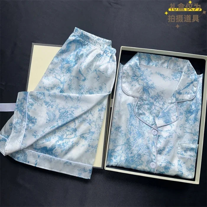 Women’s Geometric Satin Pajamas | V-Neck Ink Painting Set