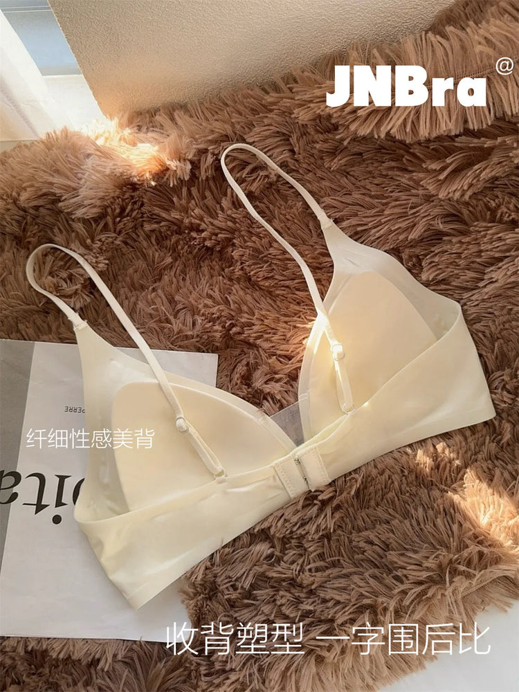 French Glossy Satin Seamless Bra | Deep-V Wireless Bralette