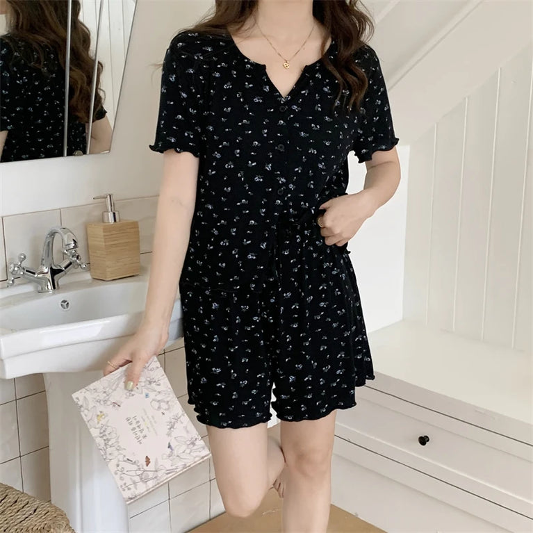 Women’s Floral Summer Pajama Set | Korean Style Home Clothes