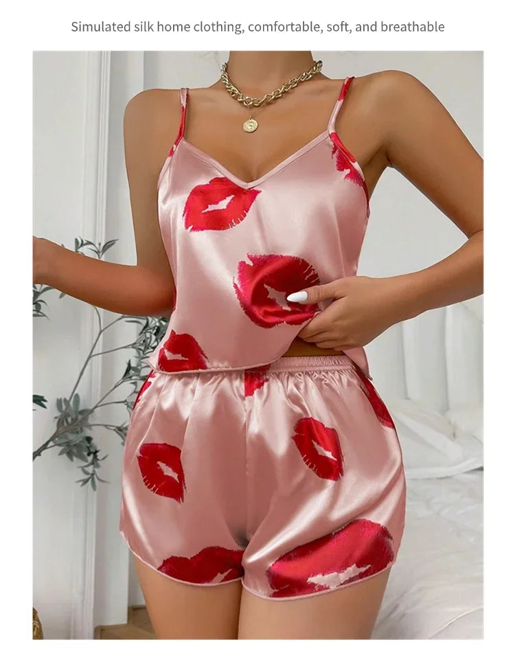 Women’s Satin Heart Pajama Set | V-Neck Cami & Silky Shorts
