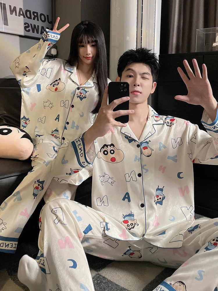 Couples Ice Silk Pajama Set | Cartoon Long-Sleeve Cardigan